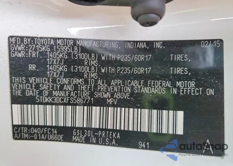 2015 Toyota Sienna Le из США, поврежденный, VIN 5TDKK3DCXFS586771